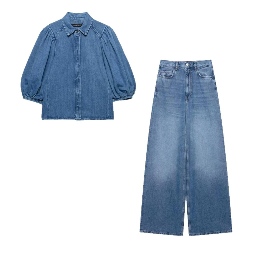 2025 Early Spring Women’s Fashion: Short-Sleeve Denim Shirt & Straight-Leg Pants Set – Euro-American Style
