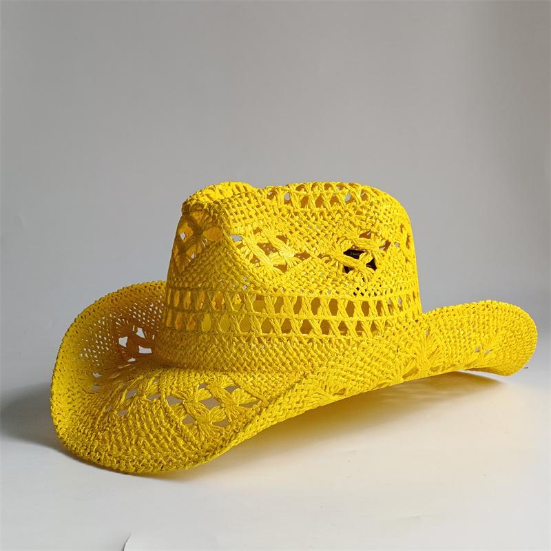 Yiran Dayang Hat Women's Yellow New Cowboy Straw Hat Hand-Woven Hollow Men's And Summer Sun Hat Jazz Straw Hat Western Cowboy Hat Sombrero 55-58Cm