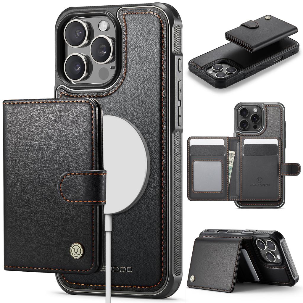 For iPhone 16 Pro Max Case JEEHOOD J09 RFID Blocking Card Holder Leather Back Phone Cover Compatible with MagSafe