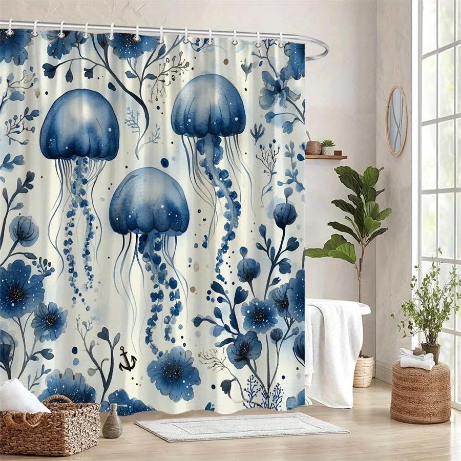 

1pc Blue Jellyfish Shower Curtain - Digital Watercolor Translucent Design with Bell-Shaped Bodies, Trailing Tentacles & Aquatic W90xH180cm
