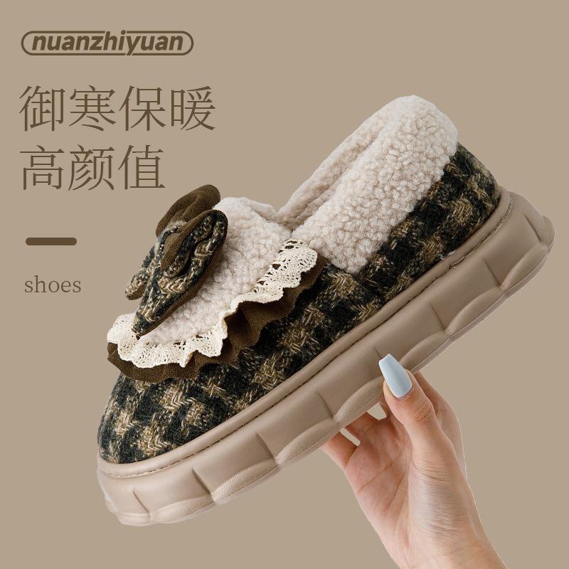 Bow Cotton Slippers Women's Winter New Indoor Home Thick-bottomed Velvet Thermal Bag and Slippers Winter