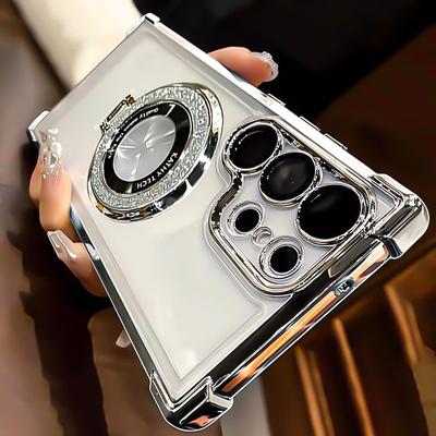 Funda Transparente con Chapado de Lujo Para Samsung S25 Ultra S24 Plus S23 S22 S21 S20 FE Para Magsafe Soporte Magnético con Purpurina Cubierta de Teléfono