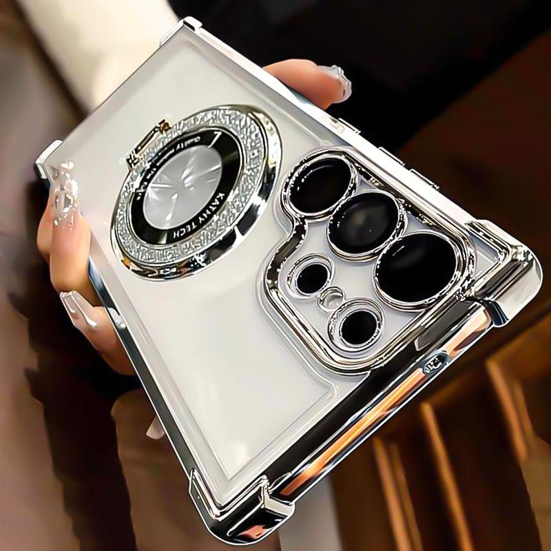 Luxury Plating Transparent Case For Samsung S25 Ultra S24 Plus S23 S22 S21 S20 FE For Magsafe Glitter Magnetic Stand Phone Cover