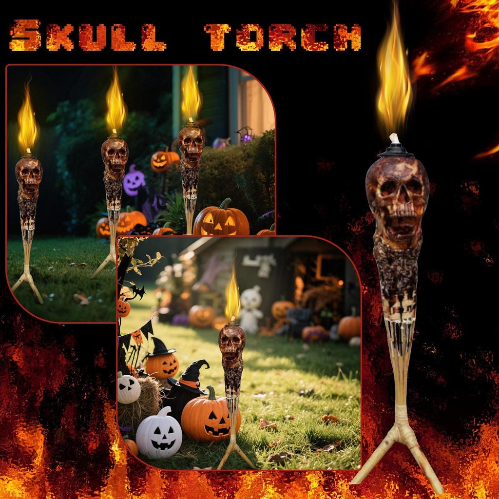 Highlighting A Macabre Head, This Torch Doubles As Eerie Decor And A Fire - Breathing Centerpiece. It With To Ignite, Casting Flickering Shad