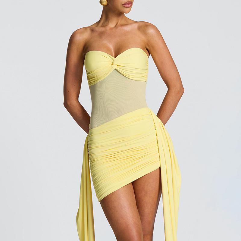 2025 Summer Women's Strapless Chiffon Dress with Mesh Patchwork and Ribbon