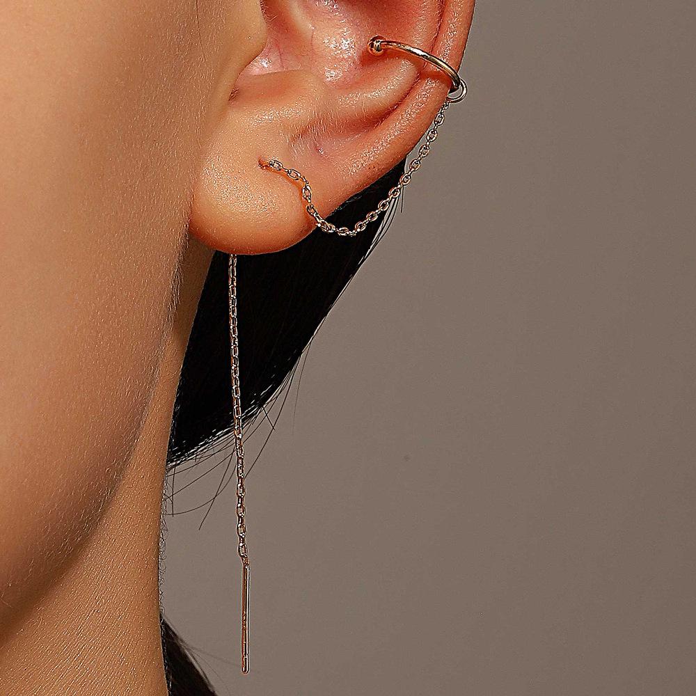 European & American Long Tassel Chain Clip-On Earrings - Versatile Fairy-Inspired Korean Style for Women