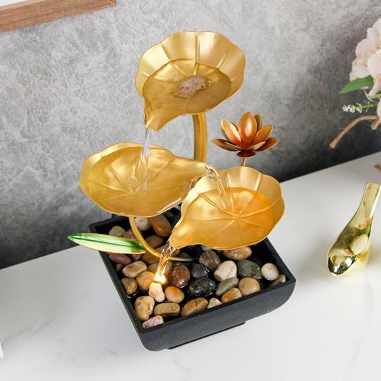 Gold Tabletop Water Fountain 3-Tier Waterfall Fountain with Light Indoor Lotus Desktop Small Fountain with Rocks for Zen Home Office Bedroom Decor
