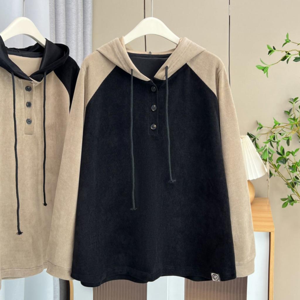 Dámský retro svetr s raglánovými rukávy a kapucí ve větších velikostech, jarní a podzimní spodní vrstva s topem s dlouhým rukávem a bundou