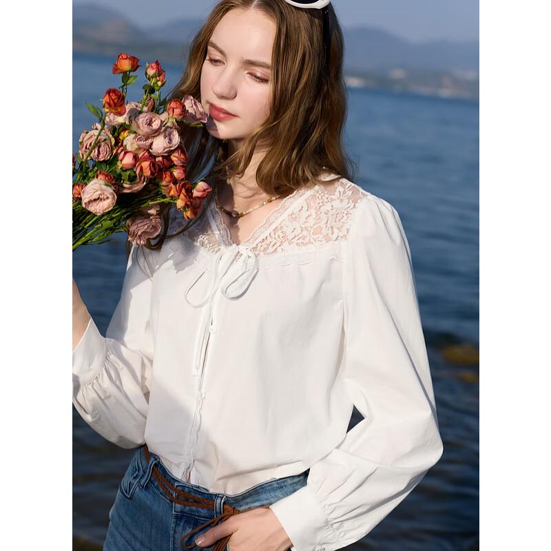 Sancai 2025 Autumn V-Neck Lace-Up Loose Long-Sleeve Blouse L
