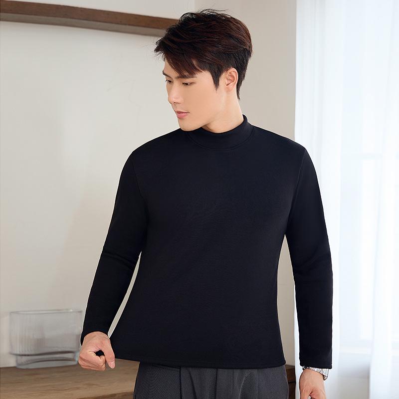 Unisex Slim Fit Knitted Half Turtleneck Shirt - Thick Velvet Lined for Autumn/Winter Warmth, Long Sleeve