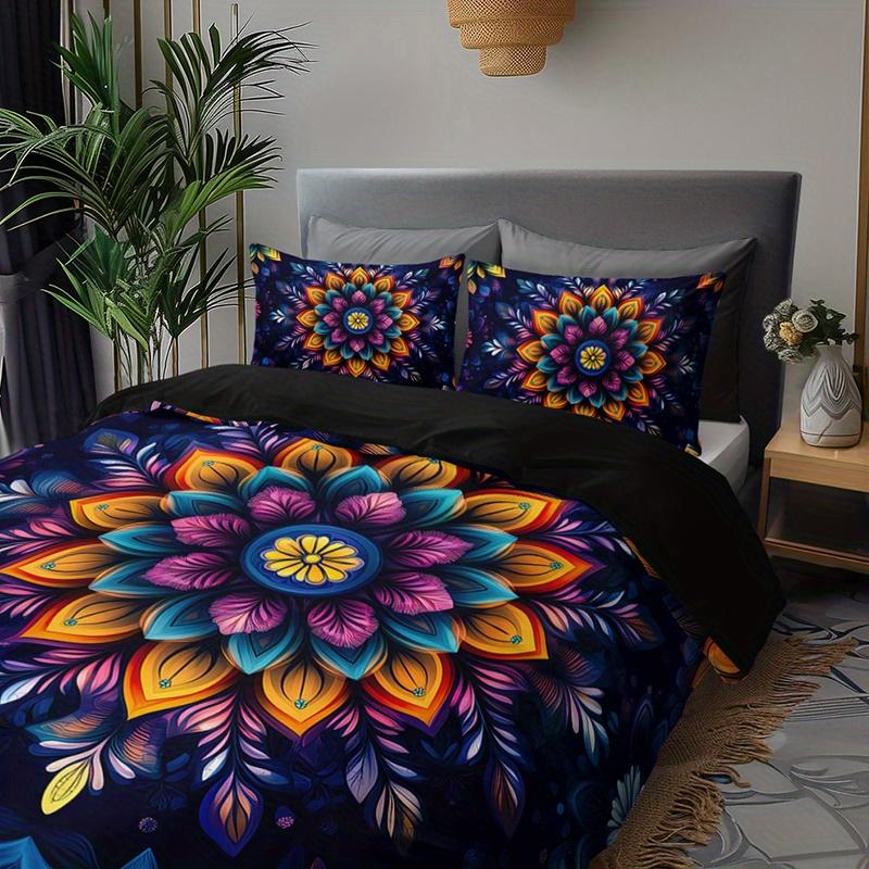 3Pcs Mandala Floral Bedding Duvet Cover Set Bohemian Mandala Bedding Quilt Set Bohemian Themed Bed Quilt Set Vibrant Mandala
