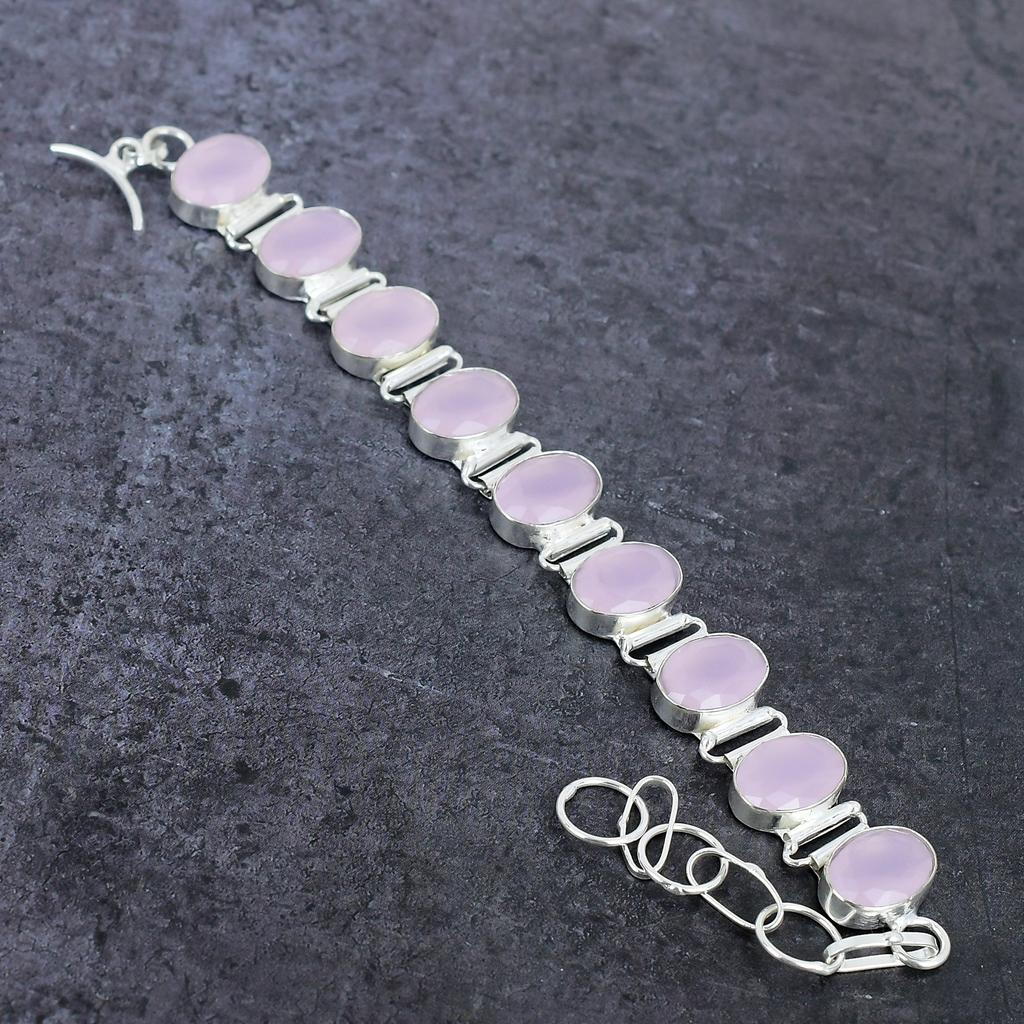 Ručně vyrobený náramek z přírodního růžového chalcedonu, stříbro 925, 7-8" N4N55