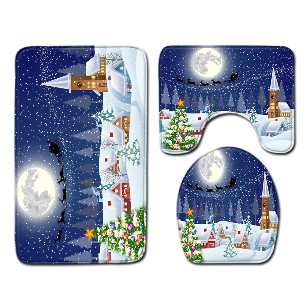 Christmas Shower Curtain Floor Mat Combination Four-Piece Set Kitchen Door Mat Bedroom Living Room Carpet
