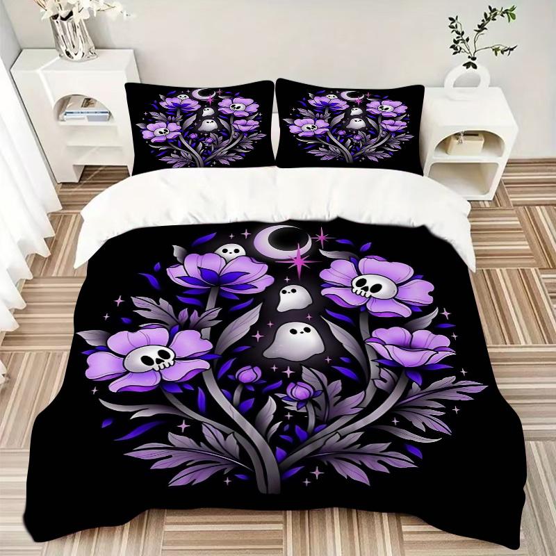 3pcs Skeleton Ghost Flower Printed Bedding Set, Soft and Comfortable Quilt Cover for Bedroom, Guest Room (1 Duvet Cover + 2 Pillowcases, Pil