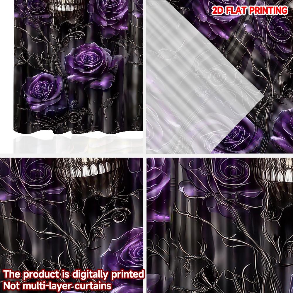 Set aus 2 Totenkopf-Rosen-Vorhängen Gotisch Weiß Lila Rosen Schwarze Ranken Dunkler Hintergrund Horror-Thema Zimmervorhang Polyester