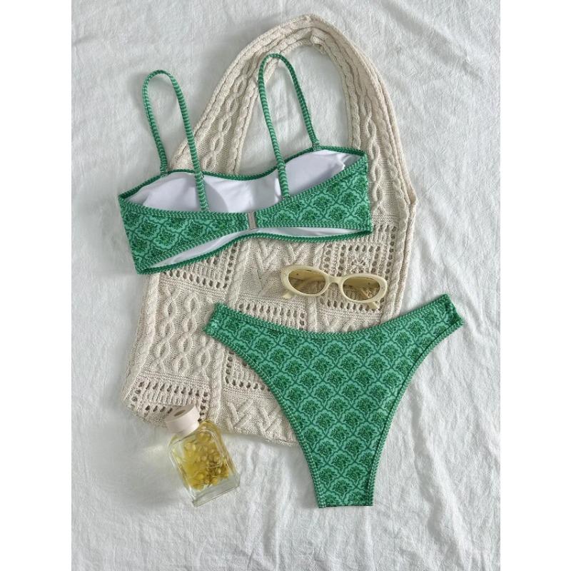Sexy Bandeau Bikini 2025 Damen Grün Floral Plissee Push Up Gepolstert String Badeanzug Sommer Badebekleidung Zweiteilige Bademode Biquini