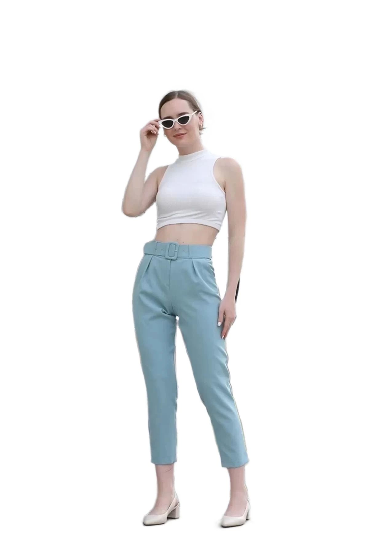 

Women s Style Plus Size Pants Belt And Pleat Detailed Fabric Trousers 1754 Çağla M