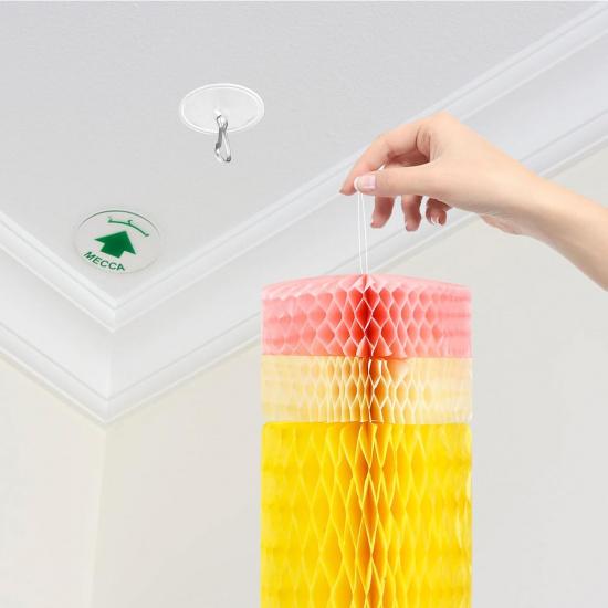 10-Pack Self-Adhesive Ceiling Hooks with 80ft Hanging Line for Paper Lanterns Hanging, Removable Sticky Damage-Free No-Drill Ceiling Wall Hooks for