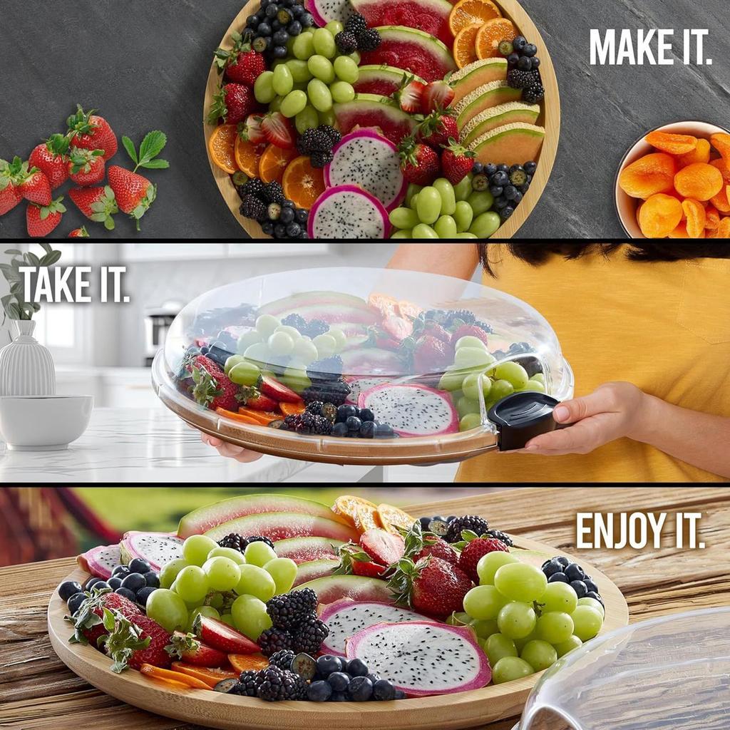 Charcuterie Boards Wooden Food Platter Portable Round Serving Boards with Lid for Party Christmas Restaurant Picnic Holiday Pool