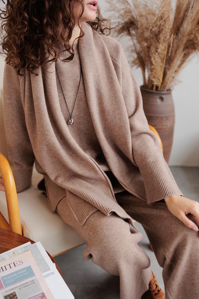 Women 3 Piece Knit Sweater Set Oversized Wide Leg Pants with Scarf Casual Fall Winter