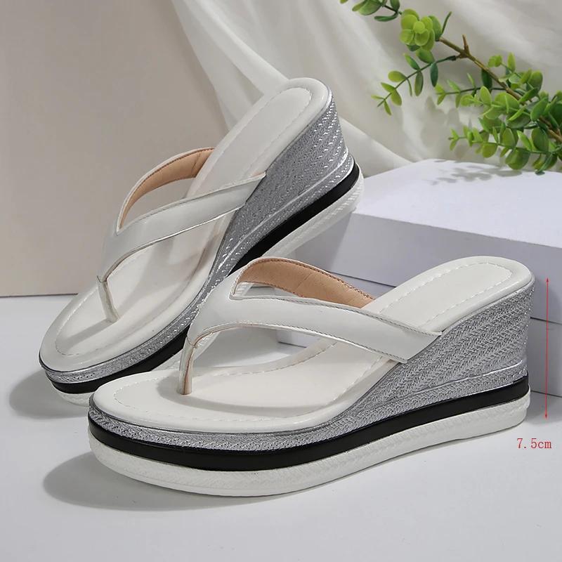 

Fashion Plus Size Pu Leather Wedges Sandals Women Summer Thick Sole Non Slip Clip On Beach Slippers Comfort Chunky Platform Flip Flops 43 белый