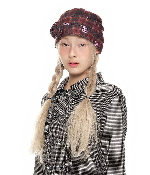 YOUTHBATH Corsage Checked Beanie_Brown