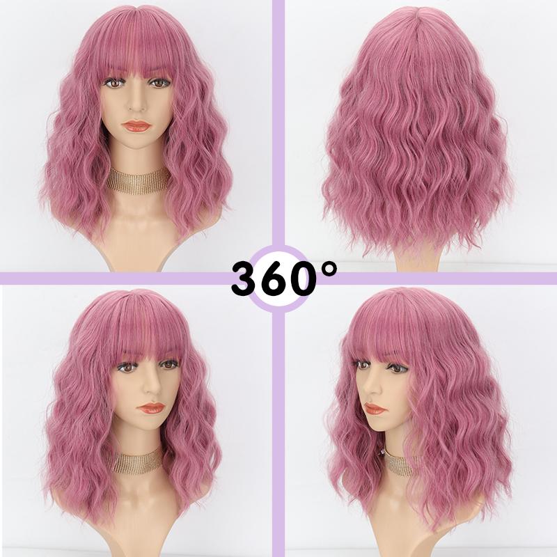 XINRAN Women Fashion Light Purple Shoulder Length Natural Wavy Wig with Bangs Synthetic Fiber Short Wavy Wig Cosplay Daily Wear