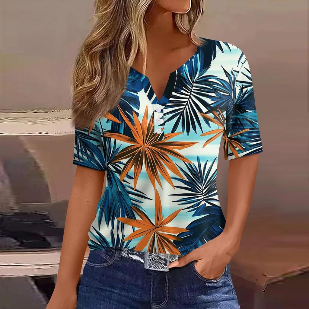 Women's T Shirt Print Button Short Sleeve Daily Weekend Fashion Basic V- Neck Regular Top