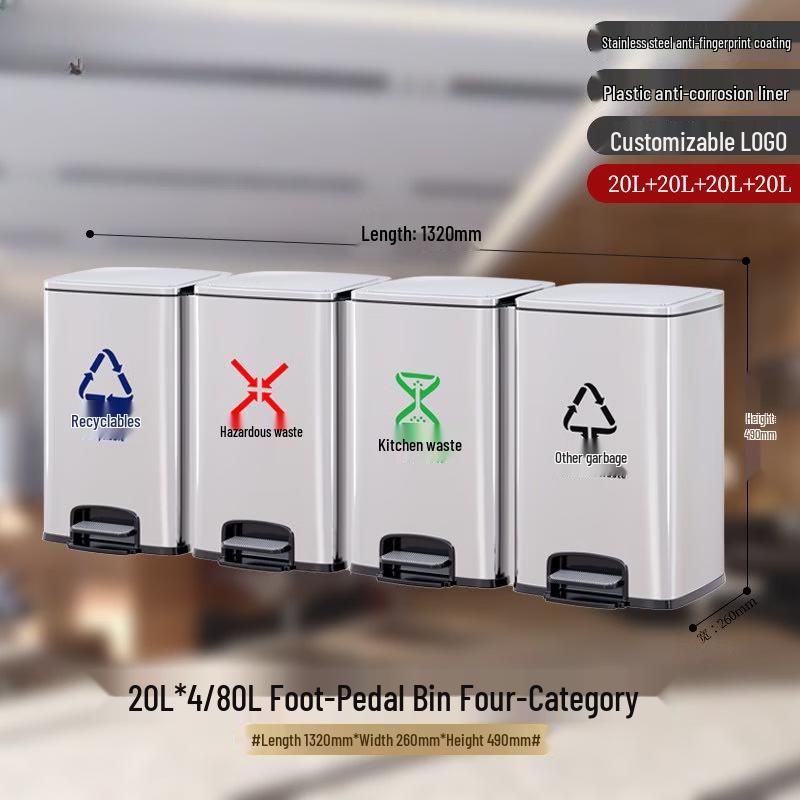 JPHZNB Stainless Steel 4-Compartment Foot Pedal Recycling Bin