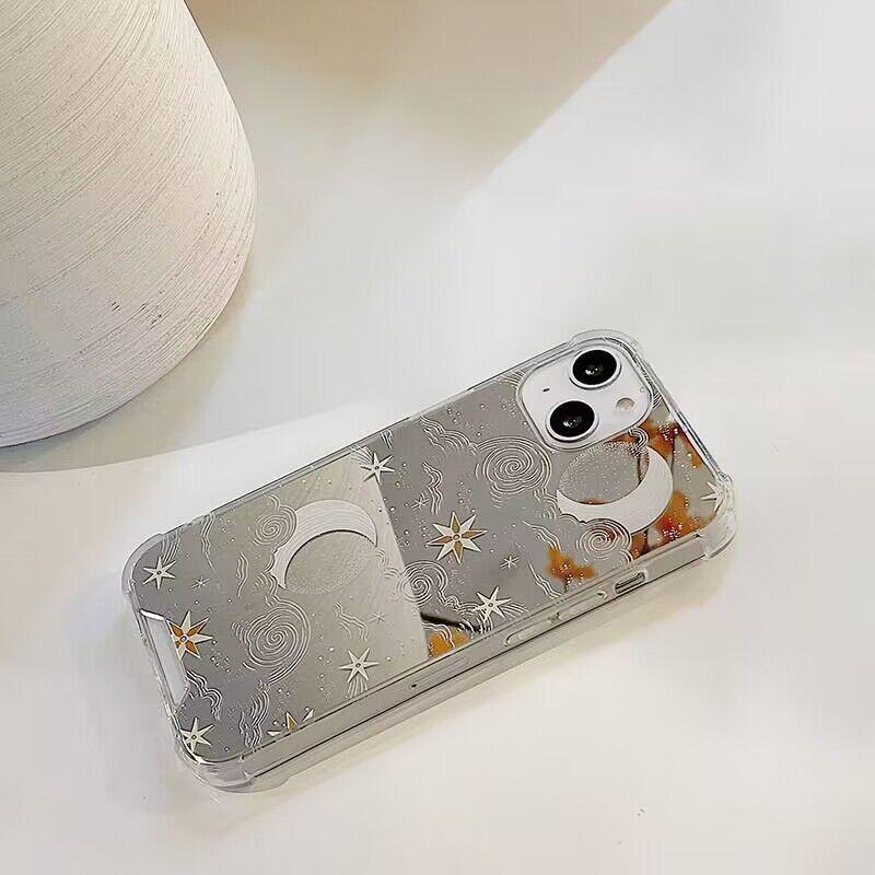 Line Star Moon Pattern Cool Mirror Face Phone Case For iPhone 16 15 14 13 12 11 Pro Max XS Max XR 7 8 Plus Shockproof Back Cover