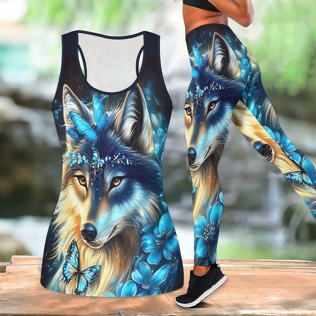 Silny Wilk Wzór Nadruk Strój do Jogi dla Kobiet Moda Legginsy Treningowe Fitness Sportowy Codzienny Zestaw do Jogi Garnitur Sportowy