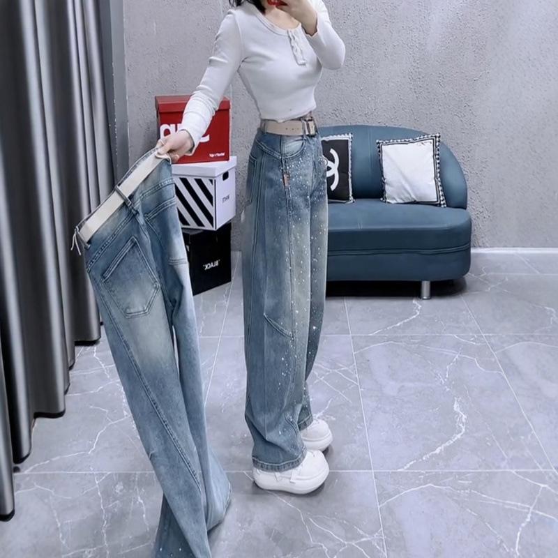 Spring 2026 European Style Plus Size High Waist Rhinestone Denim Pants - Women's Loose, Slimming, Versatile Straight Leg