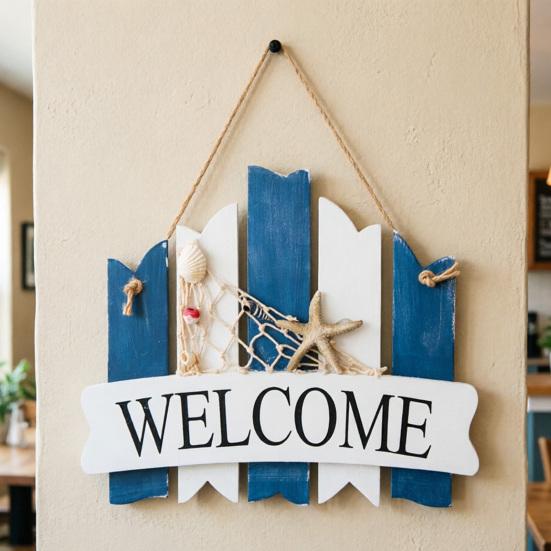 Coastal Welcome Door Sign Nautical Beach Theme Wooden Hanging Plaque with Rope Rustic Door Hanger for Front Door Patio Wall Decor