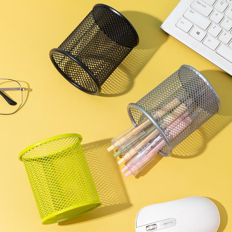 Iron Round Pen Holder -Multifunctional Student Desktop Storage Box with Grid Design,Suitable for Stationery and Cosmetic Storage