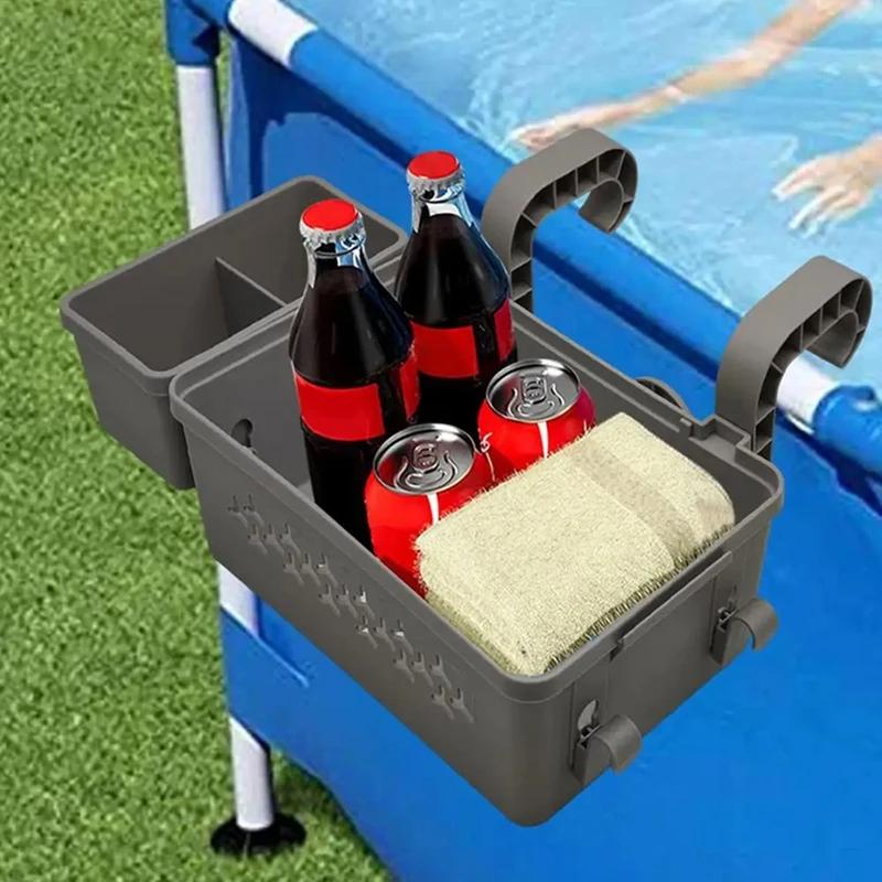 Outdoor Swimming Poolside Storage Basket with Pool Cup Holder, Thickened Plastic Pool Basket for Above Ground Pool Accessories