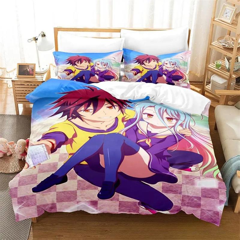 3D-Bettwäscheset „No Game No Life“ für Anime, Bettbezug, Bettgarnitur, Steppdecke, Kissenbezug, King-Size-Bett, Queen-Size-Bett, Twin-Size-Bett, Jungen, Mädchen, Erwachsene