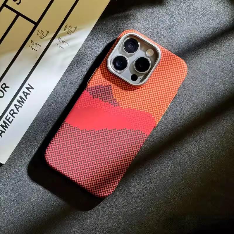 Kevlar Texture Magnetic Phone Case for Apple 17 Pro Max with Mountain & Starry River Design, Plaid Hard Protective for Apple 15