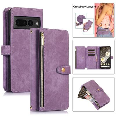 Multi-card Slot Zipper Wallet Holder Flip Leather Case for Google Pixel 7 Pro 6A 6 Pro Crossbody Strap Lanyard Cover Phone Bag Pixel 7Pro 6Pro