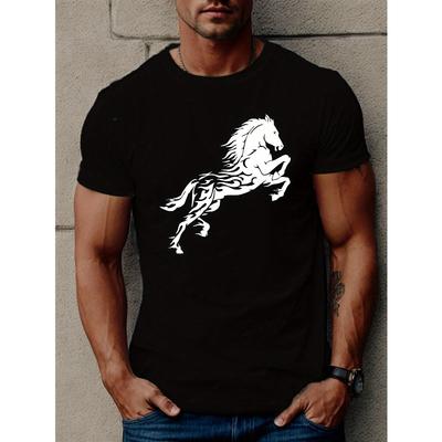 European Sizes Men's Casual Short Sleeve T-Shirt with Horse Print - Breathable Polyester, Round Neck, Machine Washable