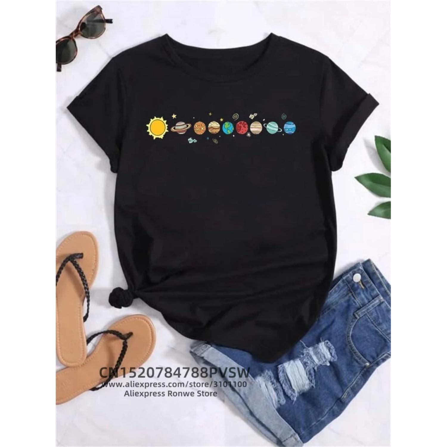 

Moon Planet Space Women Print T-Shirts Girl Fashion Funy Casual Round Neck Short Sleeve Streetwear Female Clothes Vintage Tops S чёрный