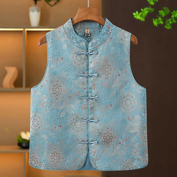 

Spring Floral Vest & Wide-Leg Pants - Chinese Style Outfit for Stylish Middle-Aged Women 4XL небо синє кольору