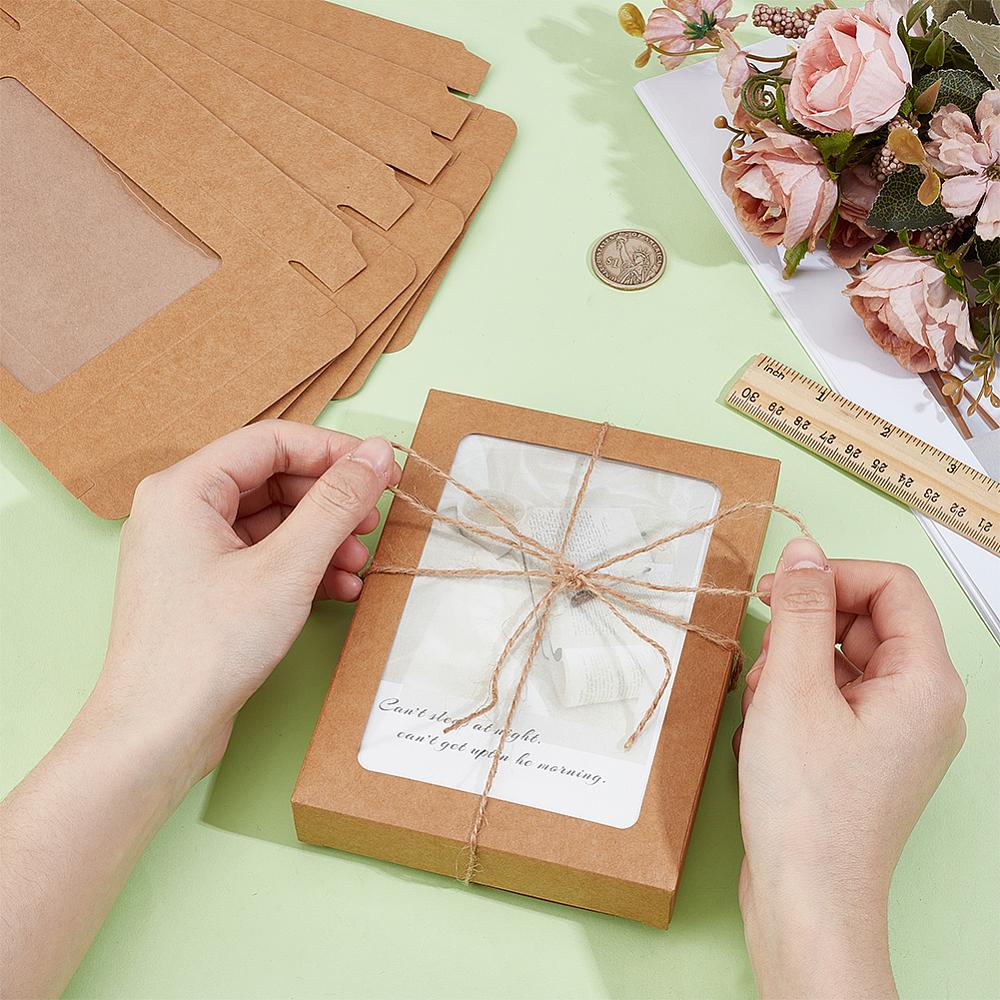 30pcs Foldable Kraft Paper Candy Boxes with Visible Window for Postcard Gift Packaging Rectangle BurlyWood 15.2x11.5x2.5cm