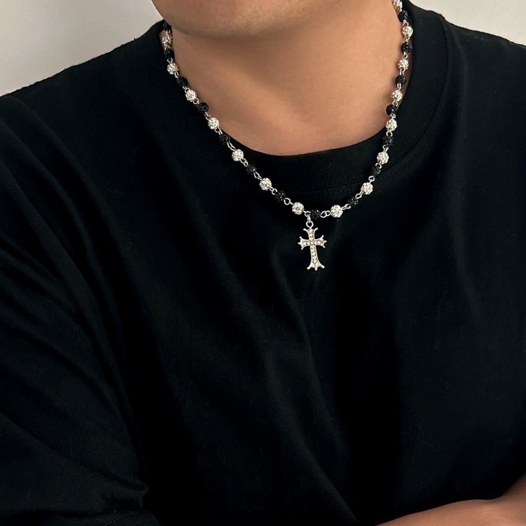 High-end Diamond-encrusted Cross Necklace Men's Hip-hop Niche Men's Diamond Ball Splicing Collarbone Chain Jewelry