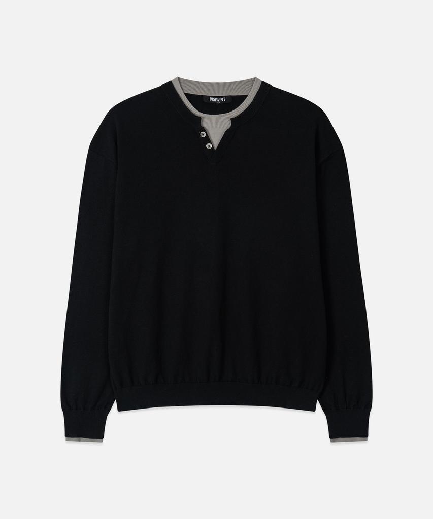 DRAW FIT Double Layered Soft Henley Neck Knit [Black]