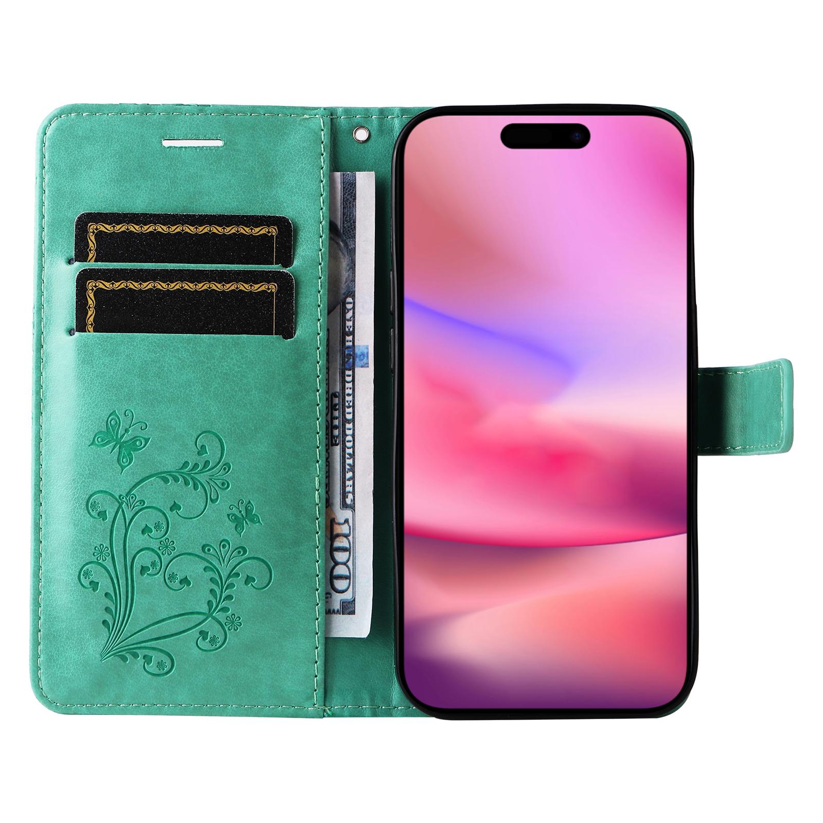 

For iPhone 16 Wallet Case Floral Butterfly Imprinted Leather Phone Cover Stand Green
