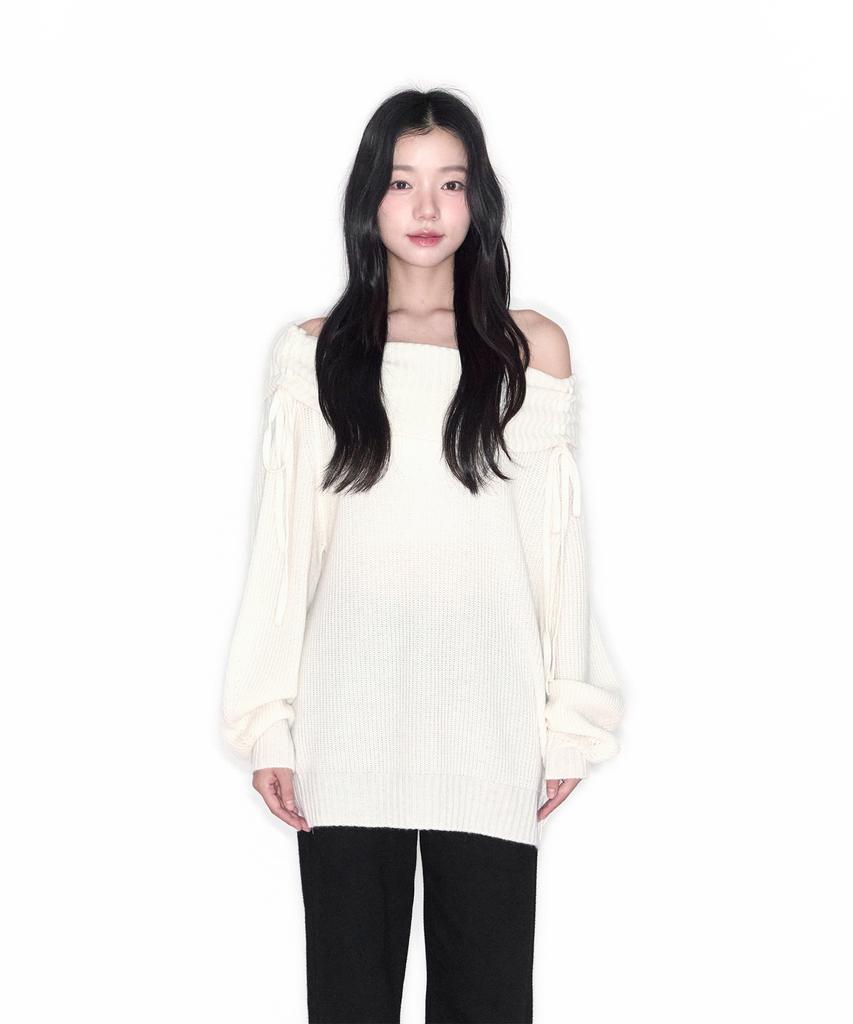 Alkialka Shirring Off-Shoulder Knit (Ivory)