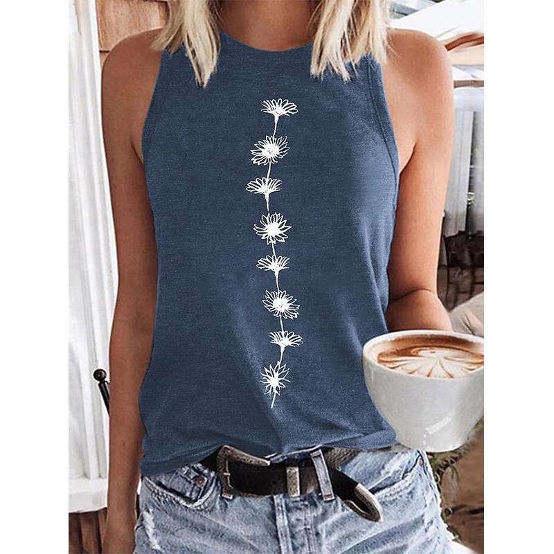 Women's 3D floral printed sleeveless T-shirt, Y2K casual streetwear, oversized round neck vest, off shoulder, holiday T-shirt