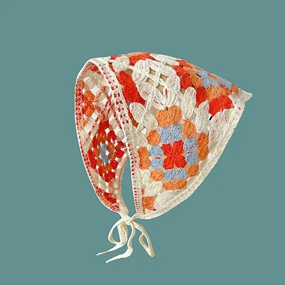 1Pc Knitted Triangle Headband French Pastoral Style Headscarf Hat Little Flower Handmade Crochet Headband Towel Spring Summer