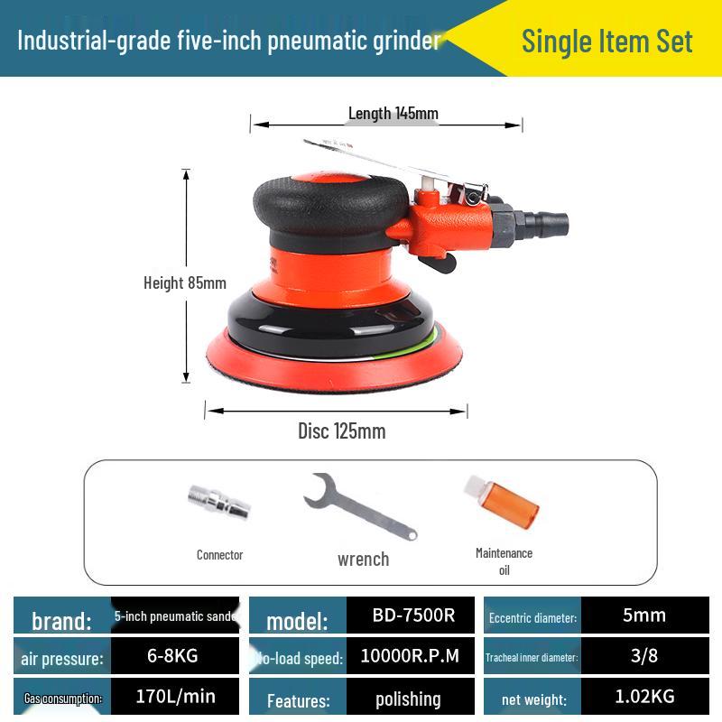 5-Inch Pneumatic Handheld Grinder & Polisher with Sandpaper & Waxing Head