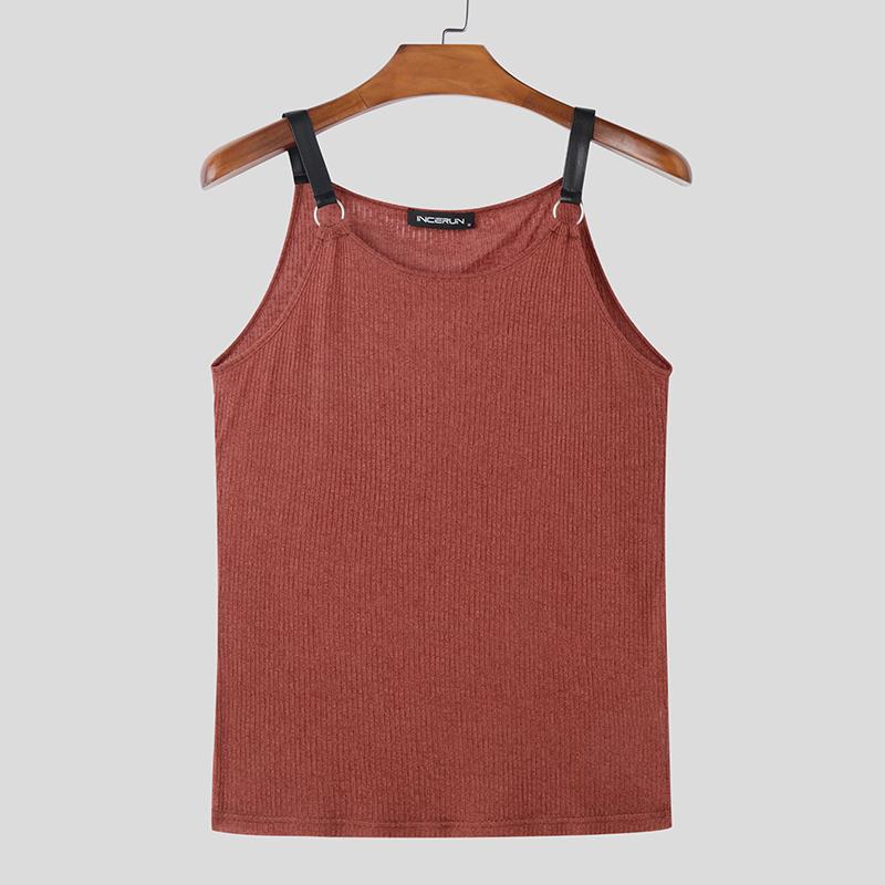 

INCERUN Men Summer Sleeveless Strap Rib Semi-Sheer Tank Tops 3XL красный